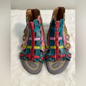 Socofy Ankle Strappy Multi Color Sandals - size 37 (6 1/2)
